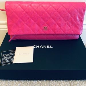 Chanel Fold-over Leather Clutch in Pink Fuchsia